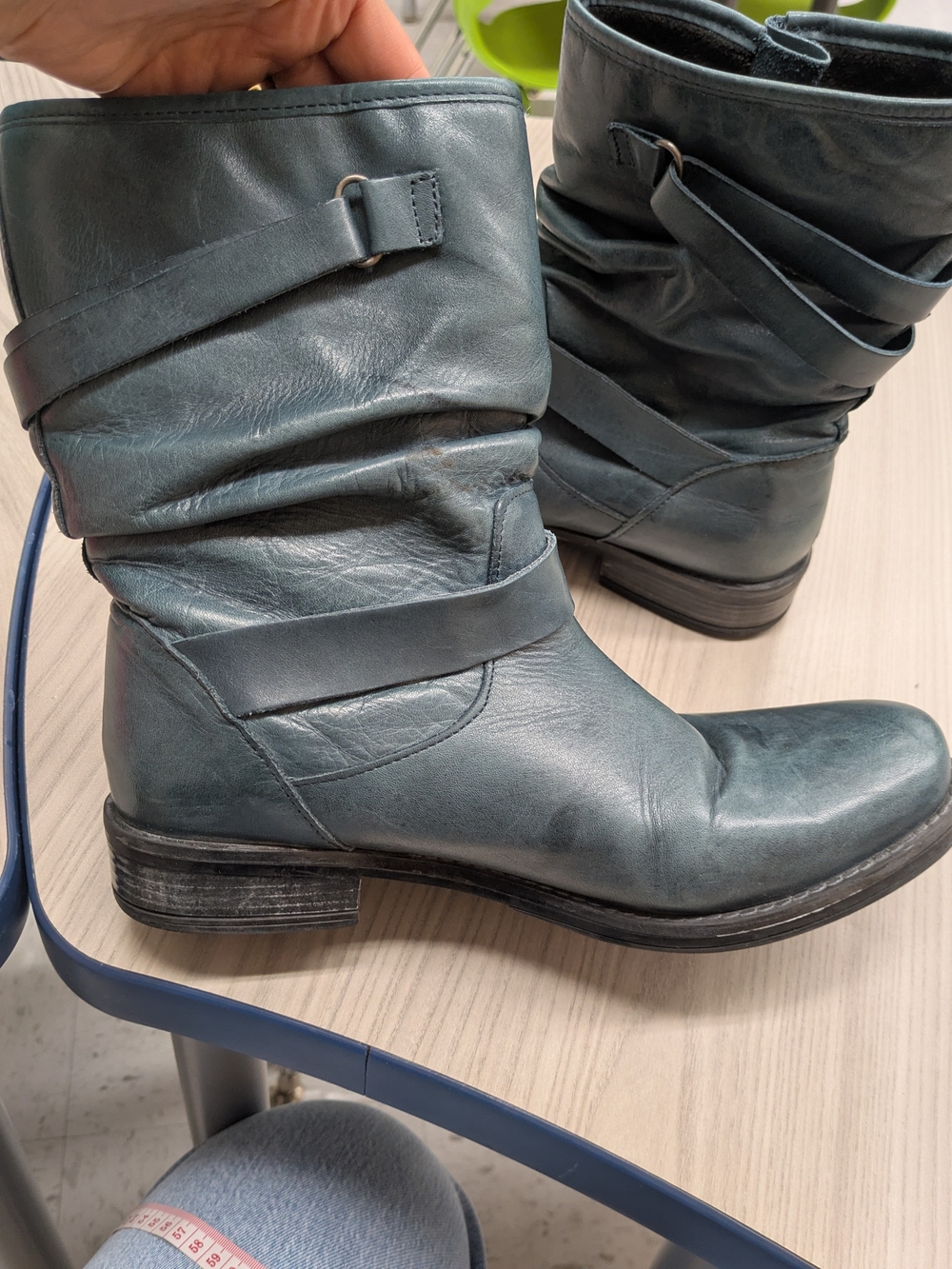 Eric Michael Teal Slouchy Buckle Combat Boots